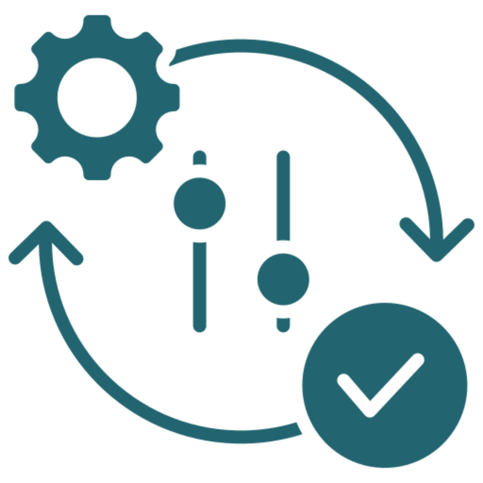 Settings and checkmark icon with arrows.